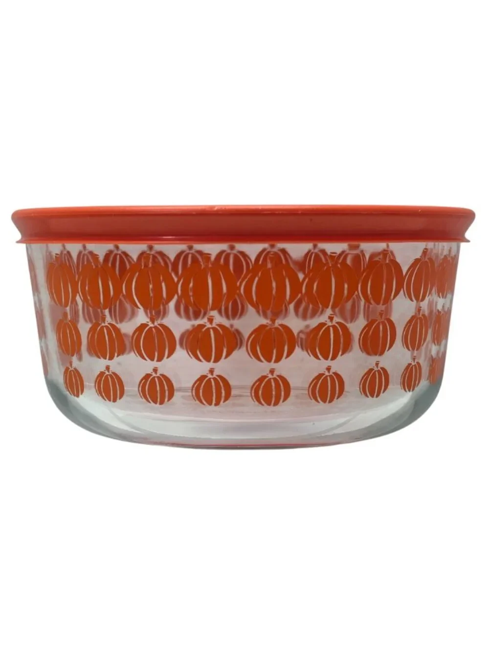 Pyrex 4 Cup Glass Storage Bowl Orange Pumpkin Print w/ Lid 950mL Fall Halloween